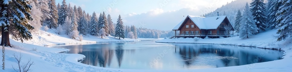 Snowy landscape with a frozen pond and wooden ski lodge in the distance, pond, frosty, frozen Snowy landscape with a frozen pond and wooden ski lodge in the distance, pond, frosty, frozen