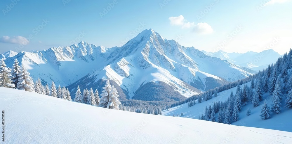 Fototapeta premium Snowy mountain landscape with rolling hills and powdery snow, serene, winter