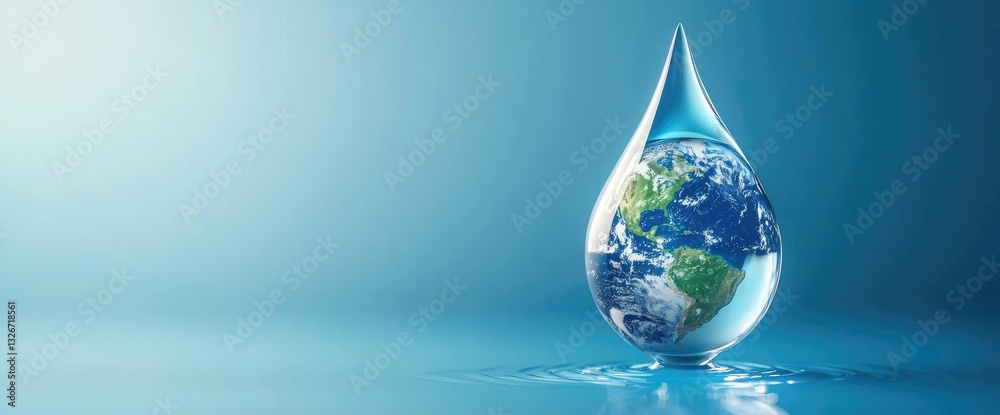 Obraz premium A transparent water droplet shaped like Earth rests on a reflective surface, symbolizing conservation and sustainability. Ideal for environmental awareness, climate action, and World Water Day
