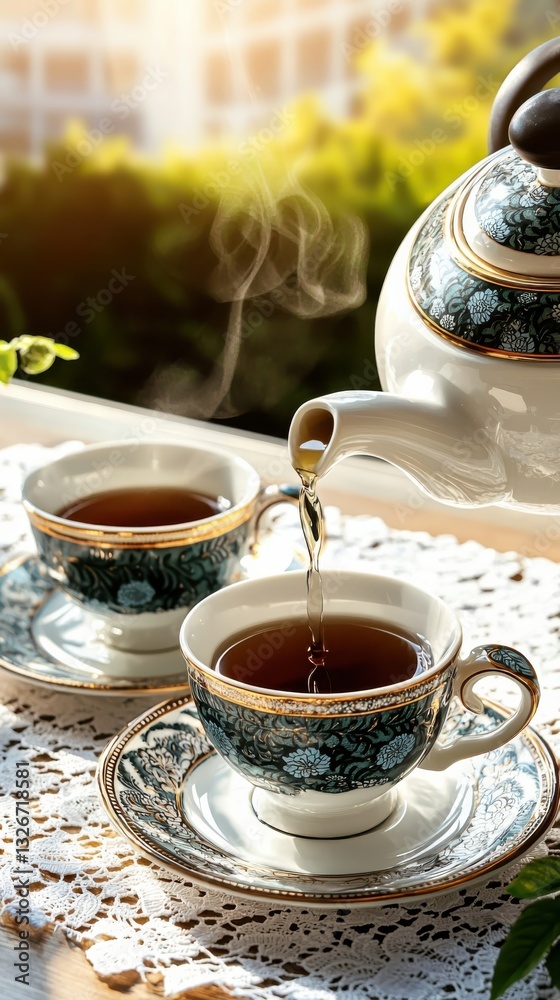 Fototapeta premium Pouring tea from a vintage teapot garden setting close-up photography morning light detailed focus on classic tea set