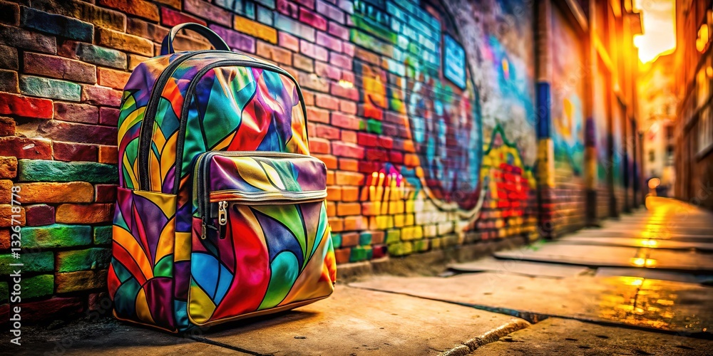Fototapeta premium Graffiti-inspired backpack, ideal for photo adventures.
