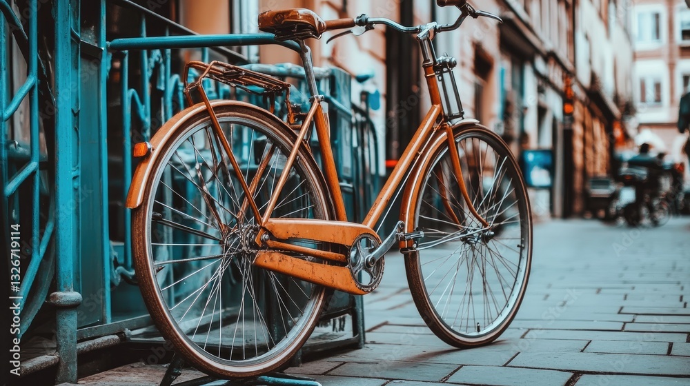 A classic sightseeing bike locked to a stylish metal stand on a modern city street A classic sightseeing bike locked to a stylish metal stand on a modern city street