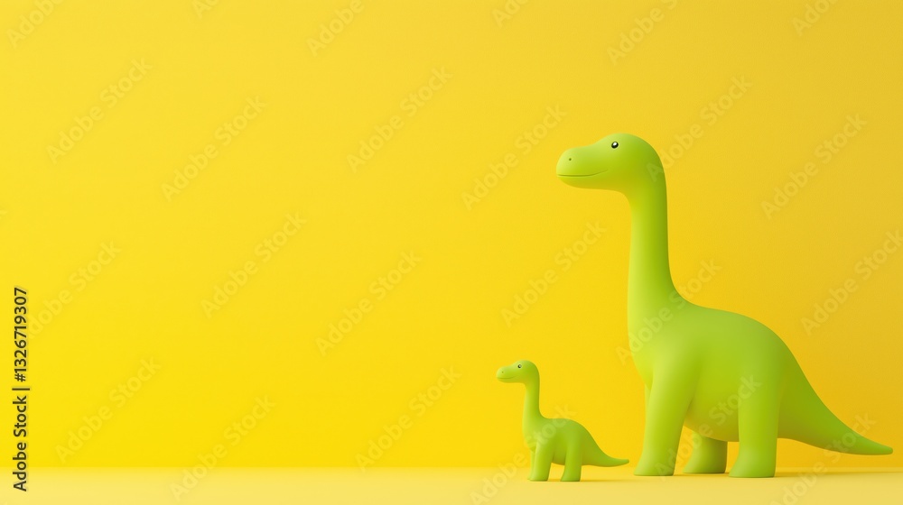 Fototapeta premium Cute Small Dinosaur Hugging Bigger Dinosaur on Bright Yellow Background for Fun and Playful Scenes