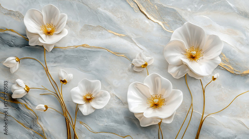 3D wallpaper with white flowers on golden stems, on a light grey marble background