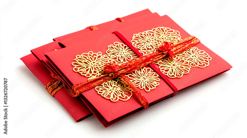 4 red envelopes with gold paper-cut decoration on the outside 4 red envelopes with gold paper-cut decoration on the outside