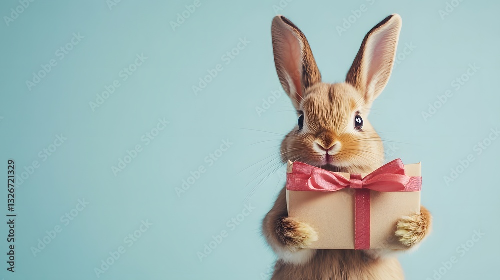 Obraz premium Lovely brown bunny holding a gift box with pink ribbon on light blue background