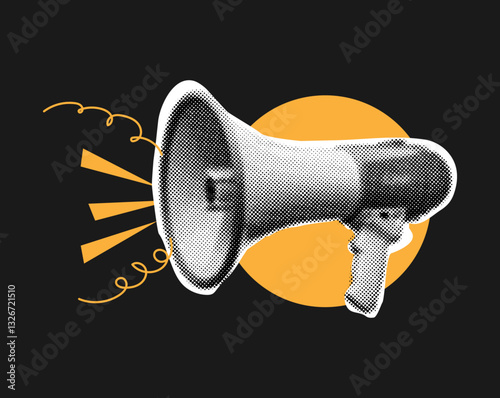 Megaphone in retro halftone style with doodles,collage elements,cut out from magazine