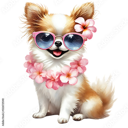 Adorable Chihuahua puppy dressed in a vibrant floral lei and stylish sunglasses, radiating tropical summer vibes. A cheerful and playful beach-themed illustration.