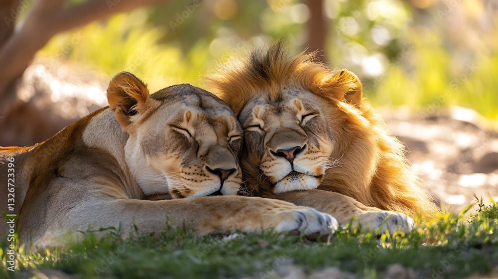 Naklejka premium Two lions, male and female, rest closely together with their heads touching, eyes closed, and expressions of peace and affection. Sunlight filters through trees, casting warm glow on their fur