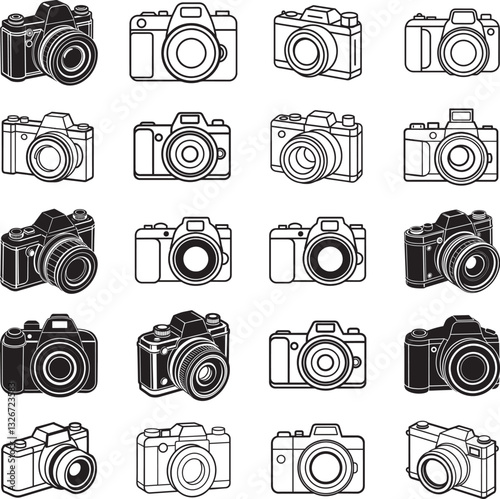 DSLR Digital Cameras black and white vector silhouette illustration logo art bundle set