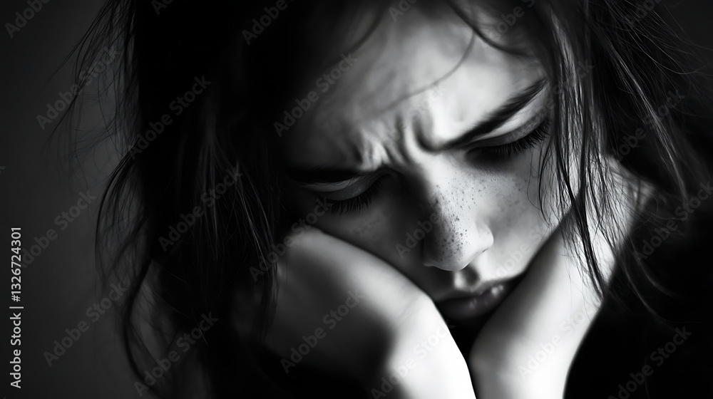 black and white close up portrait of young girl with freckles, her face resting on her hands, eyes closed, and brows furrowed in deep anguish. dramatic lighting enhances emotional intensity black and white close up portrait of young girl with freckles, her face resting on her hands, eyes closed, and brows furrowed in deep anguish. dramatic lighting enhances emotional intensity