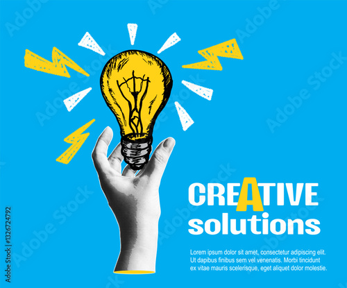 Creative solutions. Trendy halftone collage banner with hand shows lightbulb. Concept of creative idea or brainstorm. Contemporary vector illustration