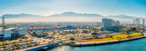 A view from the Cruise terminal inland towards mountains in Puerto Vallarta in early springtime
