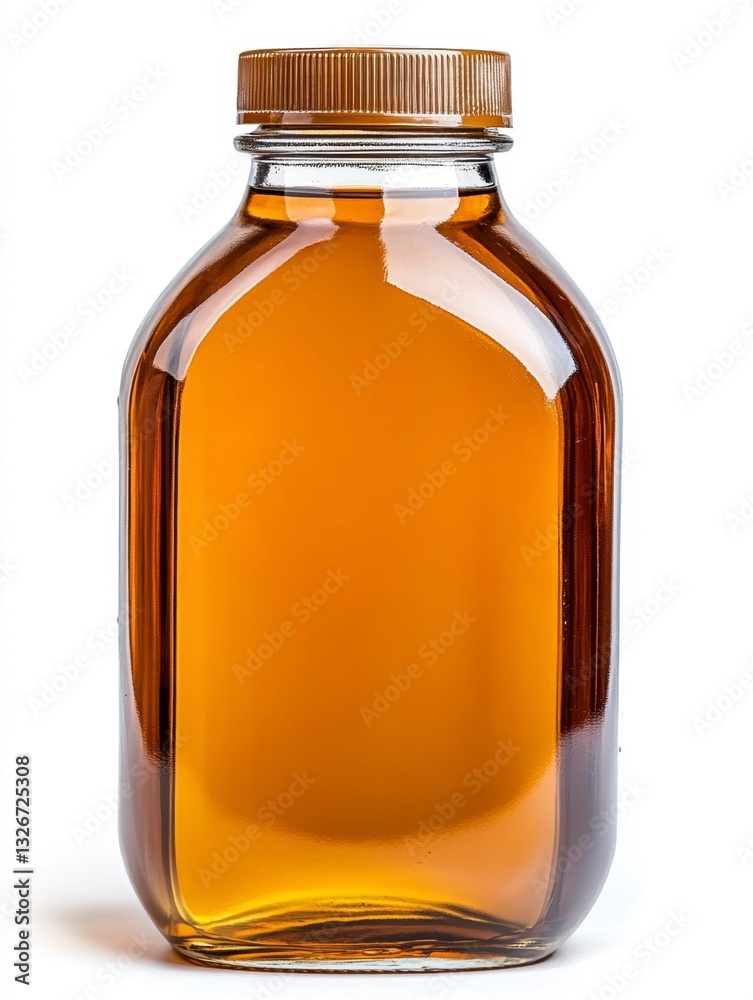 Amber liquid fills a clear glass bottle with a brown cap against a white background. The bottle is slightly curved, and the liquid is translucent with a warm, golden hue. Amber liquid fills a clear glass bottle with a brown cap against a white background. The bottle is slightly curved, and the liquid is translucent with a warm, golden hue.