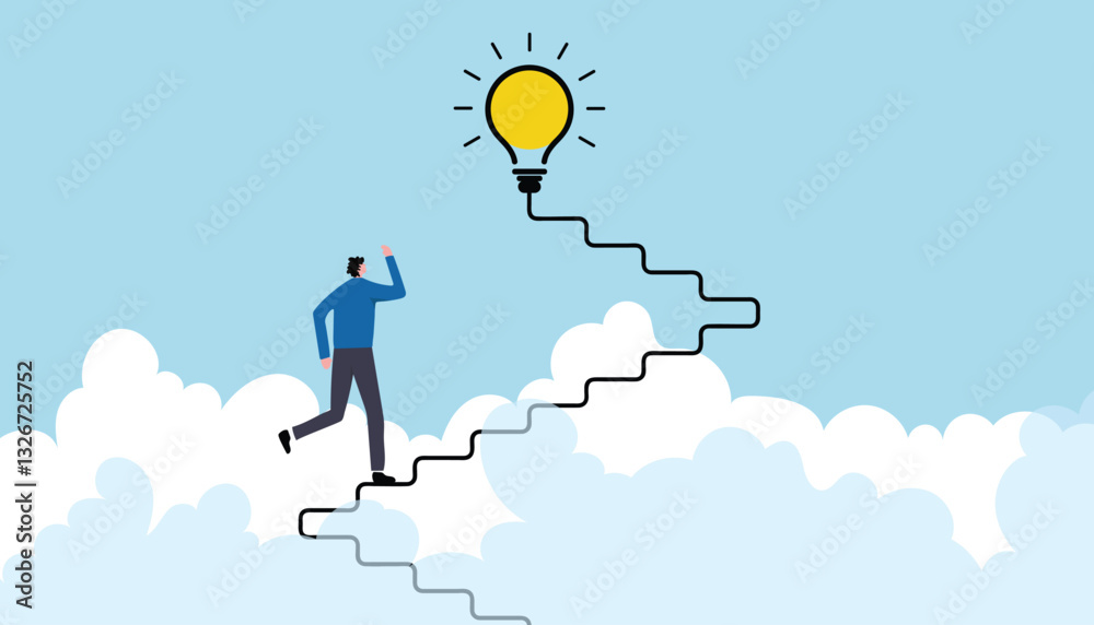 Illustration of a businessman climbing an electrical line staircase toward a glowing light bulb, symbolizing creativity, brainstorming, new business ideas, goal achievement, innovative opportunities. Illustration of a businessman climbing an electrical line staircase toward a glowing light bulb, symbolizing creativity, brainstorming, new business ideas, goal achievement, innovative opportunities.