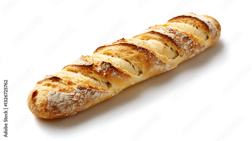 Crusty golden baguette with crisp exterior and soft interior, dusted with flour and scored for artisanal look, isolated on white background Crusty golden baguette with crisp exterior and soft interior, dusted with flour and scored for artisanal look, isolated on white background
