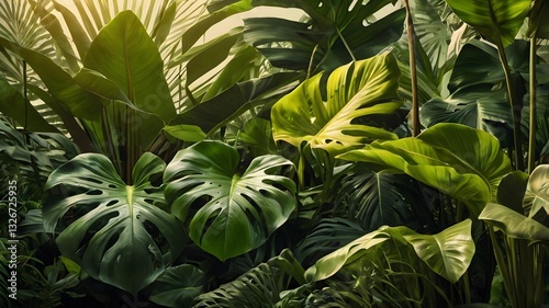  Lush Tropical Leaves with Golden Glow Background