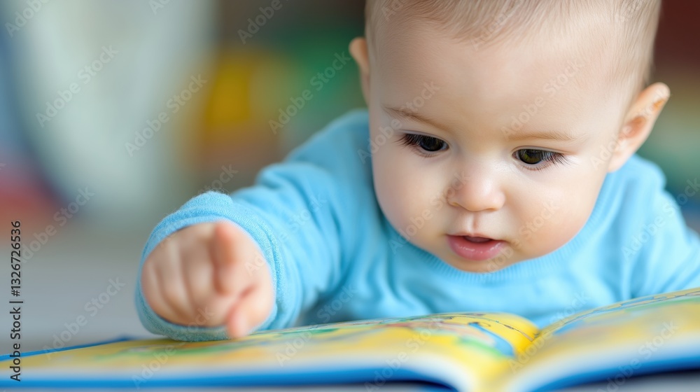 Curious Baby Boy Pointing at Pictures in Bedtime Storybook with Focus and Wonder Curious Baby Boy Pointing at Pictures in Bedtime Storybook with Focus and Wonder