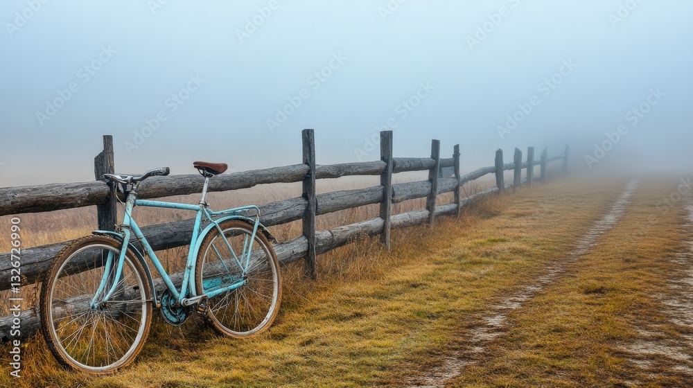 A touring bicycle resting by a wooden fence with a foggy countryside morning backdrop A touring bicycle resting by a wooden fence with a foggy countryside morning backdrop