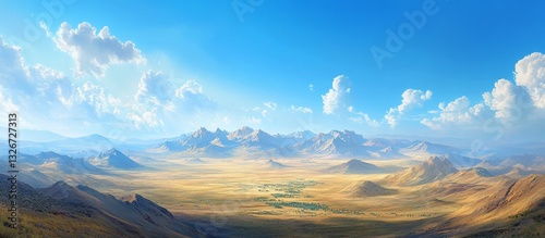 Panoramic view of a vast, sunlit desert valley surrounded by majestic mountains under a bright blue sky with fluffy white clouds.