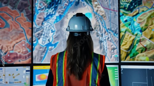 Construction Worker in Hard Hat and Safety Vest Analyzes Digital Maps on Screens for Geographic Data and Engineering Technology in Infrastructure Planning