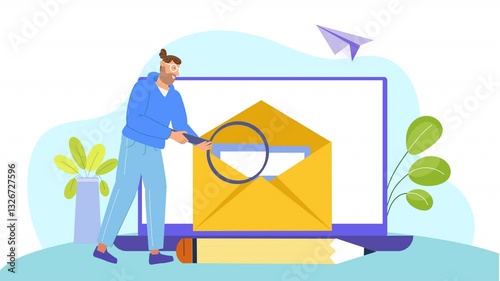 2D flat character animation scene illustrates the creation, distribution, and engagement of newsletters. It features characters drafting content, designing templates, and sending emails