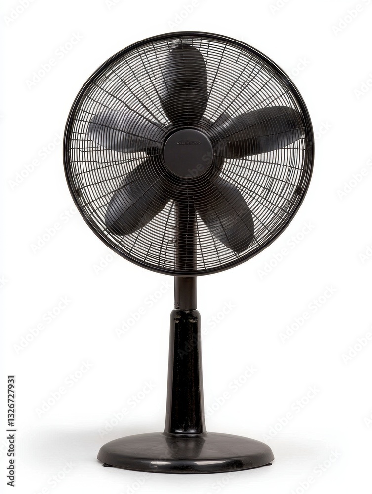 Obraz premium Black electric fan with five blades on a stand against a white background.