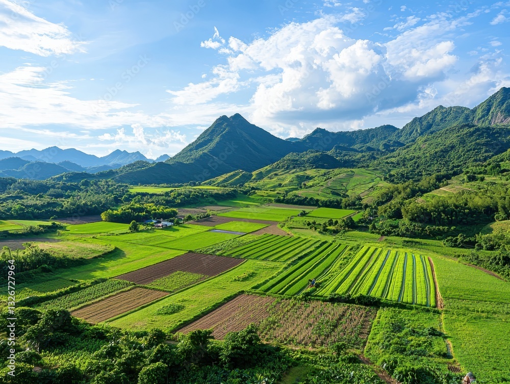 Obraz premium Agroecology practices enhancing biodiversity diverse fields morning light midangle shot realistic environment