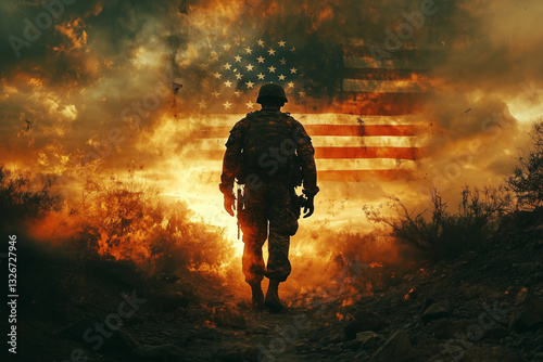 Double exposure image featuring an American soldier blended with the U.S. flag, symbolizing patriotism, service, and sacrifice. copy space