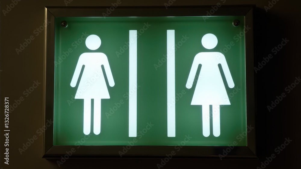 Illuminated female restroom sign on a green background with two female symbols.