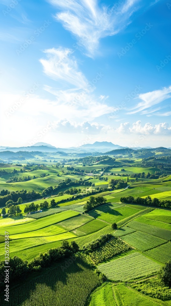 Fototapeta premium Biodiversity in farming colorful patchwork of crops panoramic landscape bright sun realistic view