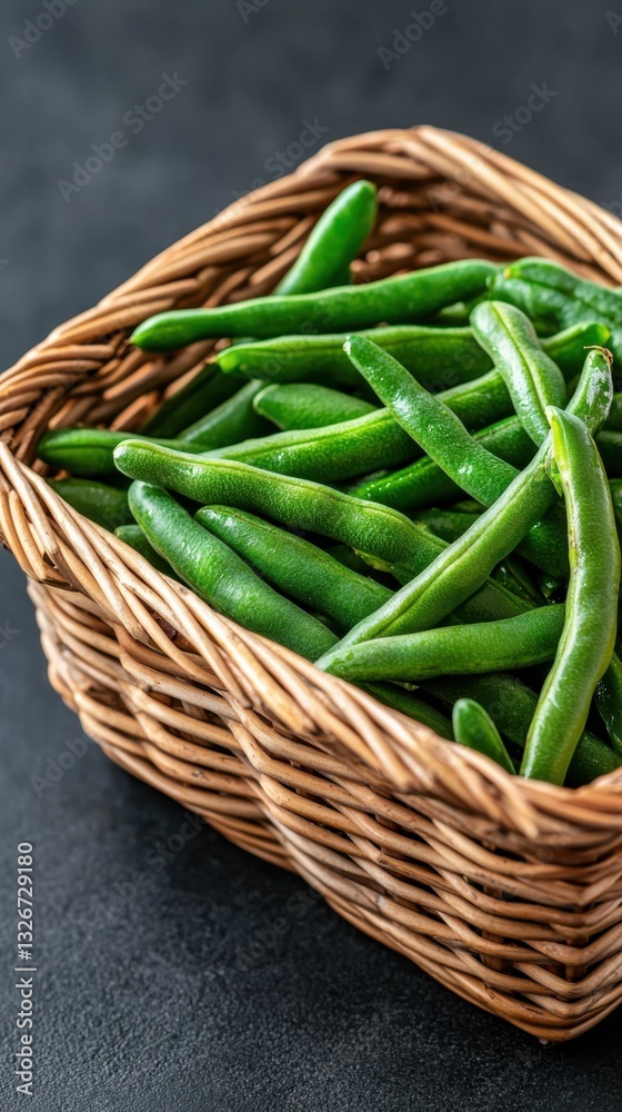 Certified organic green beans in a basket soft daylight food photography indoor setting side angle emphasizing crispness and vibrant color Certified organic green beans in a basket soft daylight food photography indoor setting side angle emphasizing crispness and vibrant color