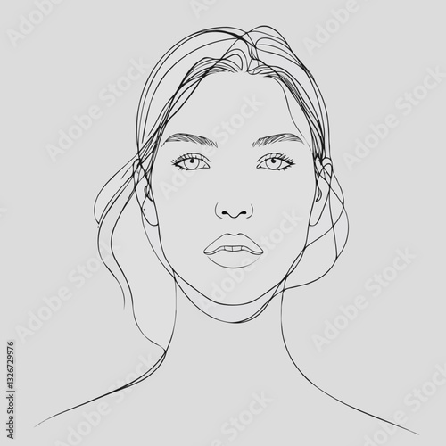 Line Art Woman's Face, Representing Beauty and Simplicity, on gray background