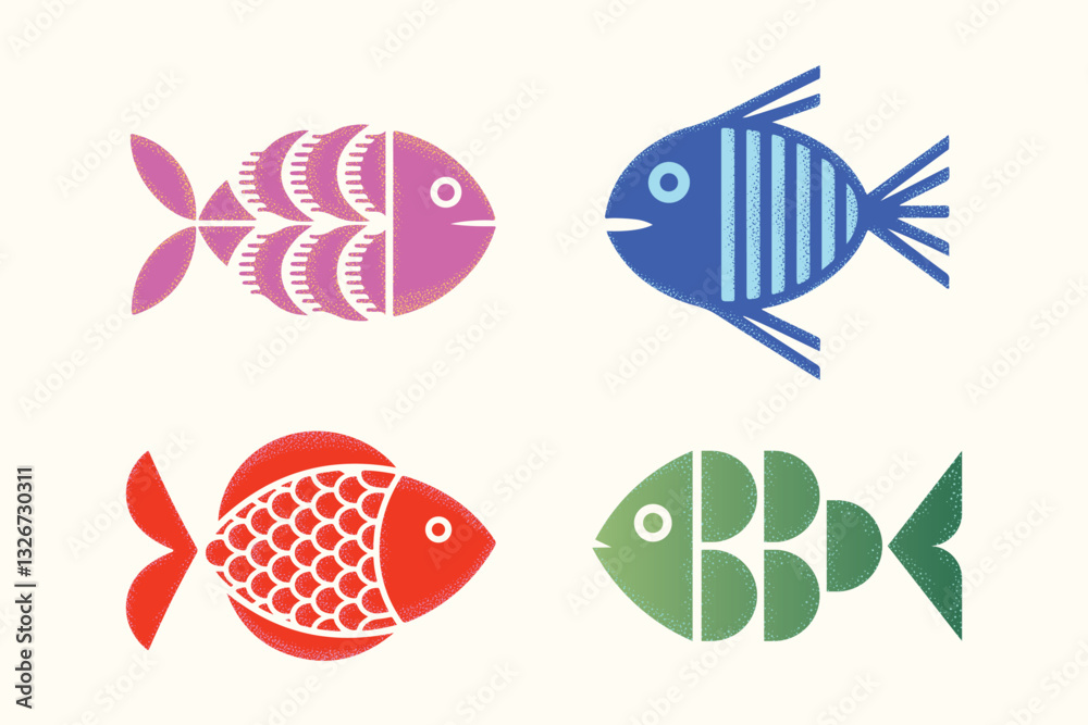 Obraz premium Cute colorful fish icon set and freshwater aquarium fish illustration