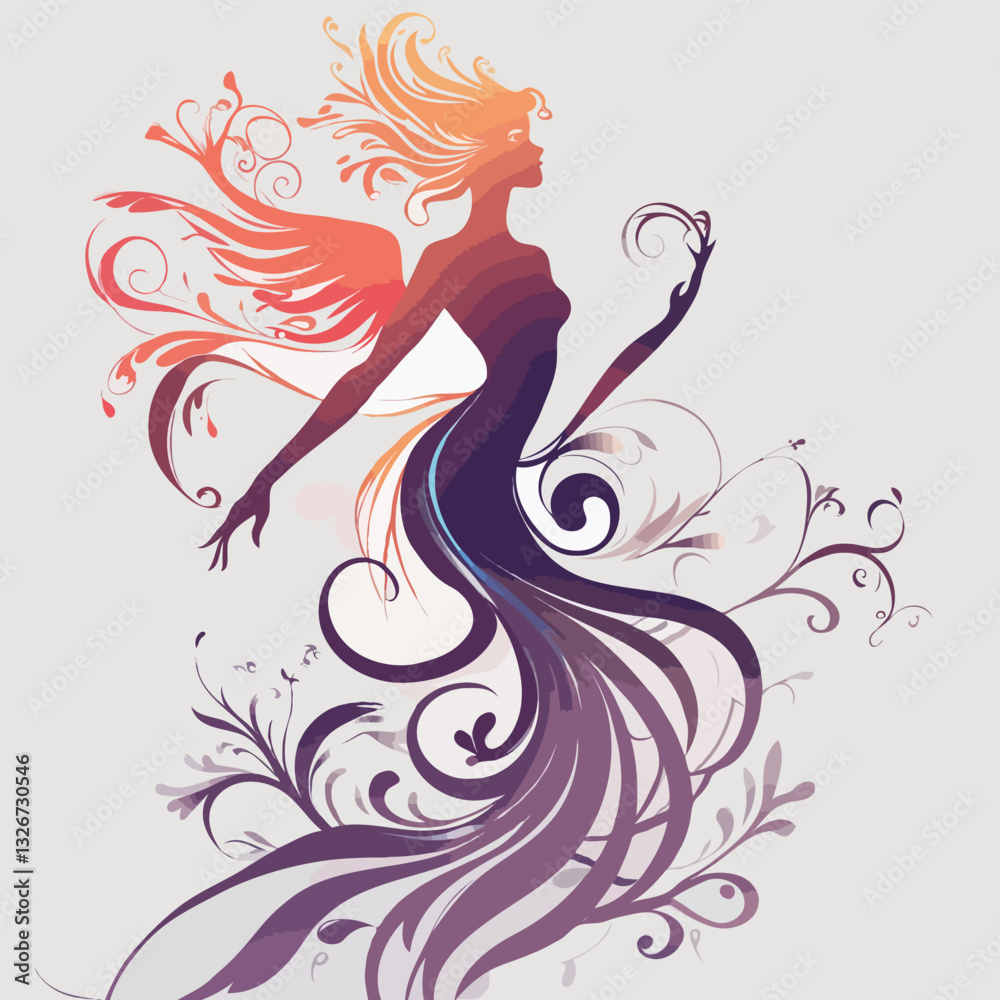 Fairy Silhouette with Floral Swirls, in Gradient Warm Colors, Representing Fantasy and Magic, with copy space Fairy Silhouette with Floral Swirls, in Gradient Warm Colors, Representing Fantasy and Magic, with copy space