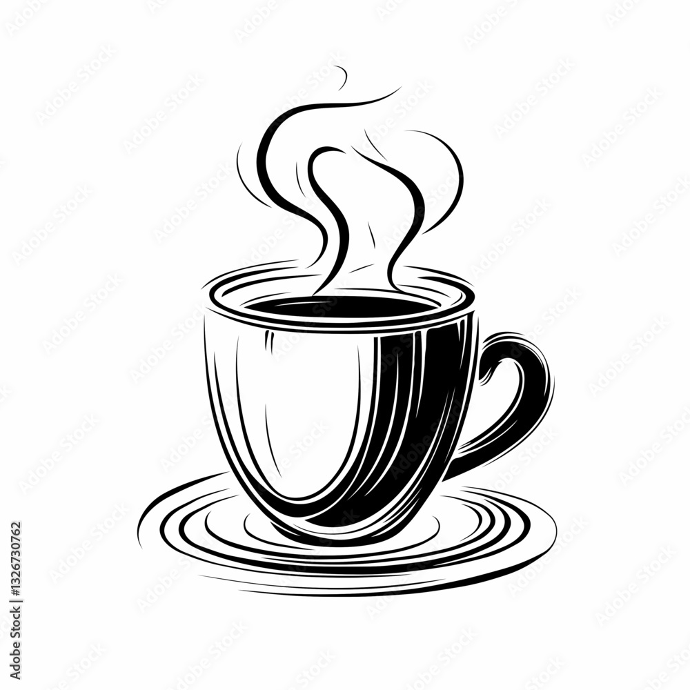 Line Art Cup of Hot Coffee, in Black, Representing Warmth and Break, on white background Line Art Cup of Hot Coffee, in Black, Representing Warmth and Break, on white background