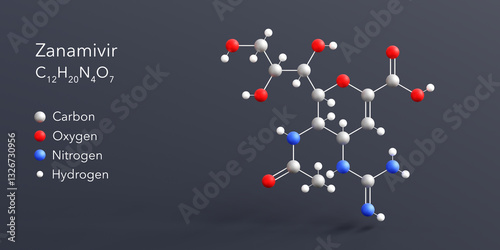 Fototapeta Naklejka Na Ścianę i Meble -  zanamivir molecule 3d rendering, flat molecular structure with chemical formula and atoms color coding