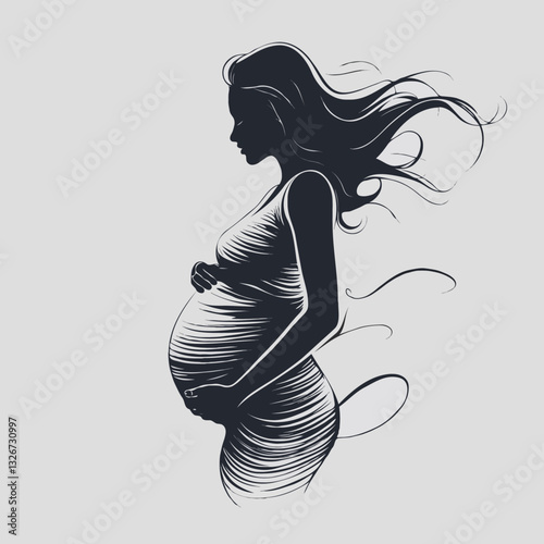 Pregnant Woman Silhouette, in Black, Representing Motherhood and Expectation, on gray background