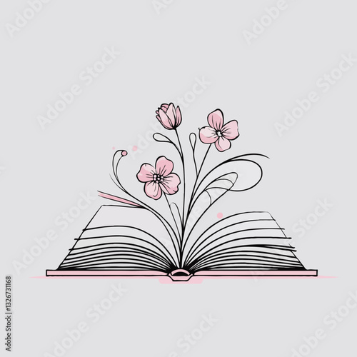 Open book with flowers growing from pages in pink line art