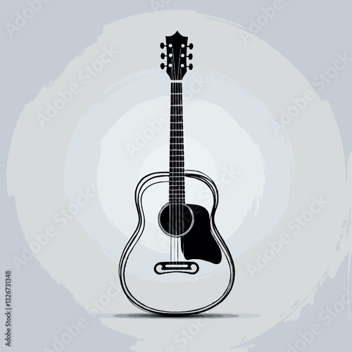 Black and white acoustic guitar illustration on gray background