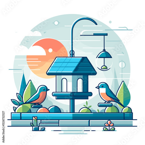 Colorful birdhouse with birds perched in a vibrant garden at sunset in a modern graphic style
