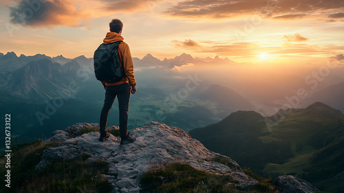 lone traveler wearing backpack stands on rocky mountain peak, gazing at breathtaking sunset over vast valley with distant mountain ranges. scene is filled with warm golden hues