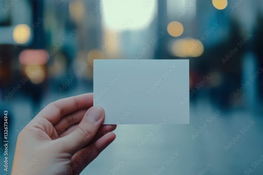 Person Holding Blank Business Card in Out-of-Focus City Street Setting Person Holding Blank Business Card in Out-of-Focus City Street Setting
