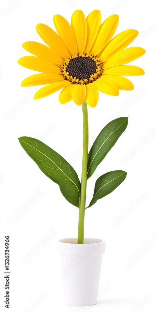 Obraz premium Single yellow daisy in a white pot against a white background. Bright, cheerful, and simple.
