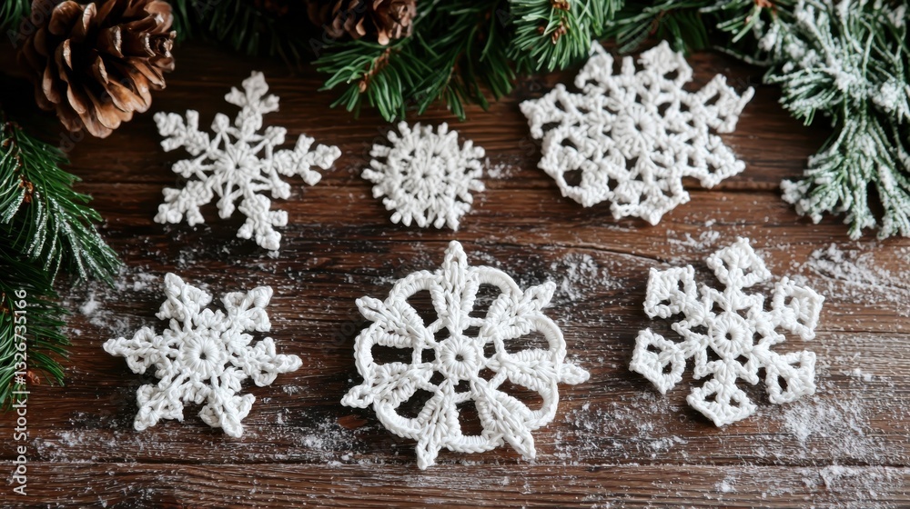 A collection of delicate white snowflakes arranged on a wooden surface, surrounded by pine branches and cones, creating a wintery, festive atmosphere. A collection of delicate white snowflakes arranged on a wooden surface, surrounded by pine branches and cones, creating a wintery, festive atmosphere.