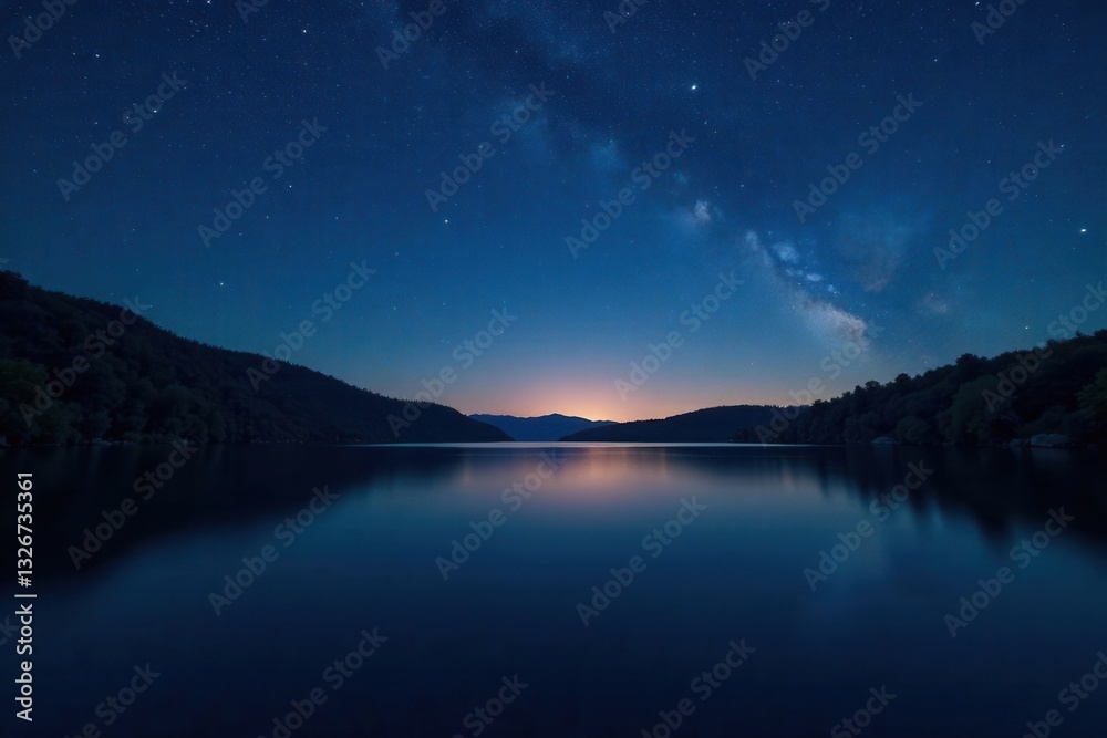 Fototapeta premium Dark lake, shimmering stars, peaceful summer night scene, evening, water