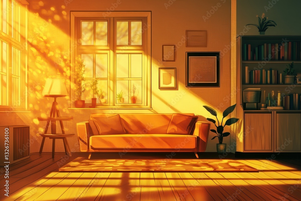 Fototapeta premium Interior scene featuring a cozy couch illuminated by warm sunlight