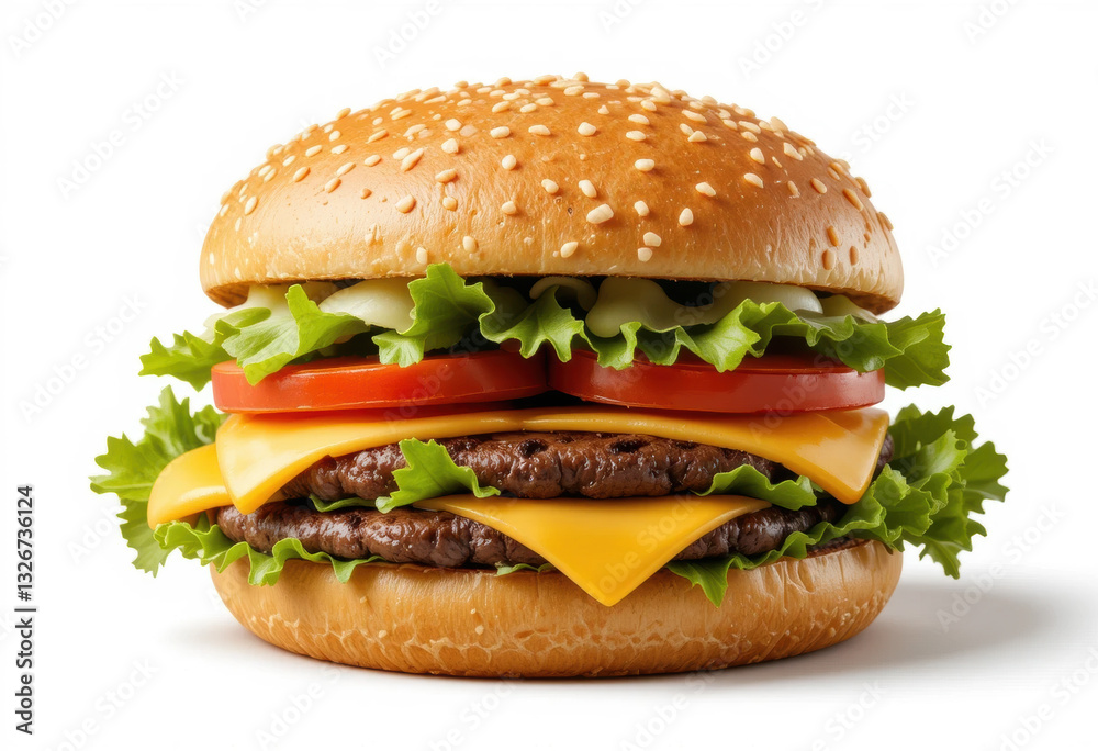 Delicious hamburger with sesame bun. There are many layers visible inside: fresh lettuce, red onion mugs, juicy cutlet, melted cheese and tomatoes.isolated on a white background Delicious hamburger with sesame bun. There are many layers visible inside: fresh lettuce, red onion mugs, juicy cutlet, melted cheese and tomatoes.isolated on a white background