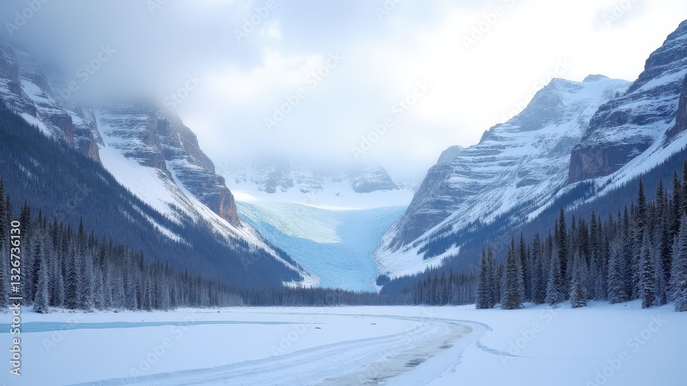 A stunning winter view of Glacier National Park with snow-covered mountains and a glacier in the background. A stunning winter view of Glacier National Park with snow-covered mountains and a glacier in the background.