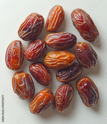 Hyper-realistic closeup of delicious dried dates floating on a white background